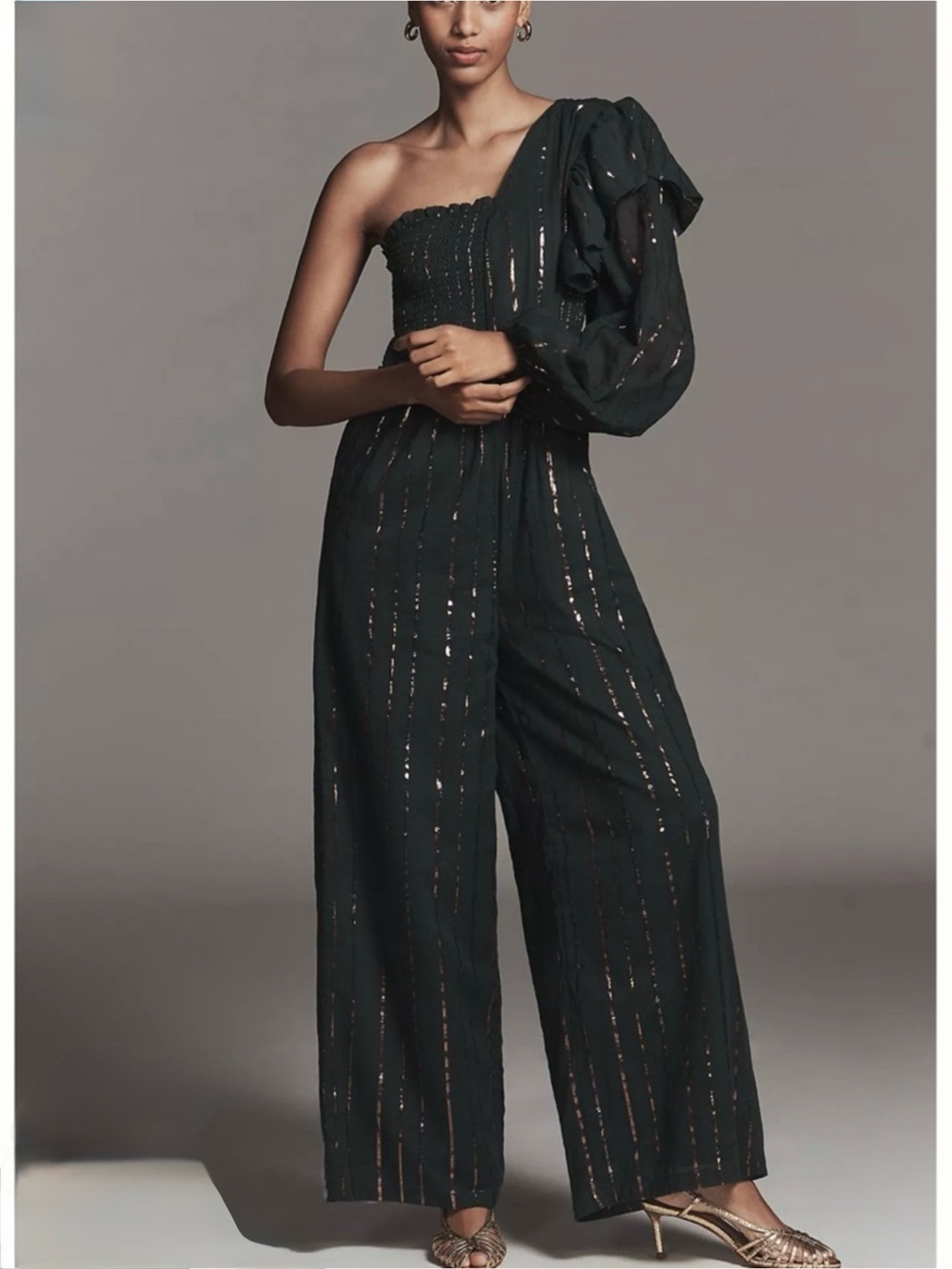 FARM Rio Black One-Shoulder Sequin Stripe Jumpsuit